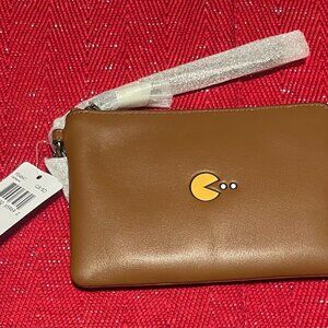 COACH PAC-MAN BROWN LEATHER WRISTLET